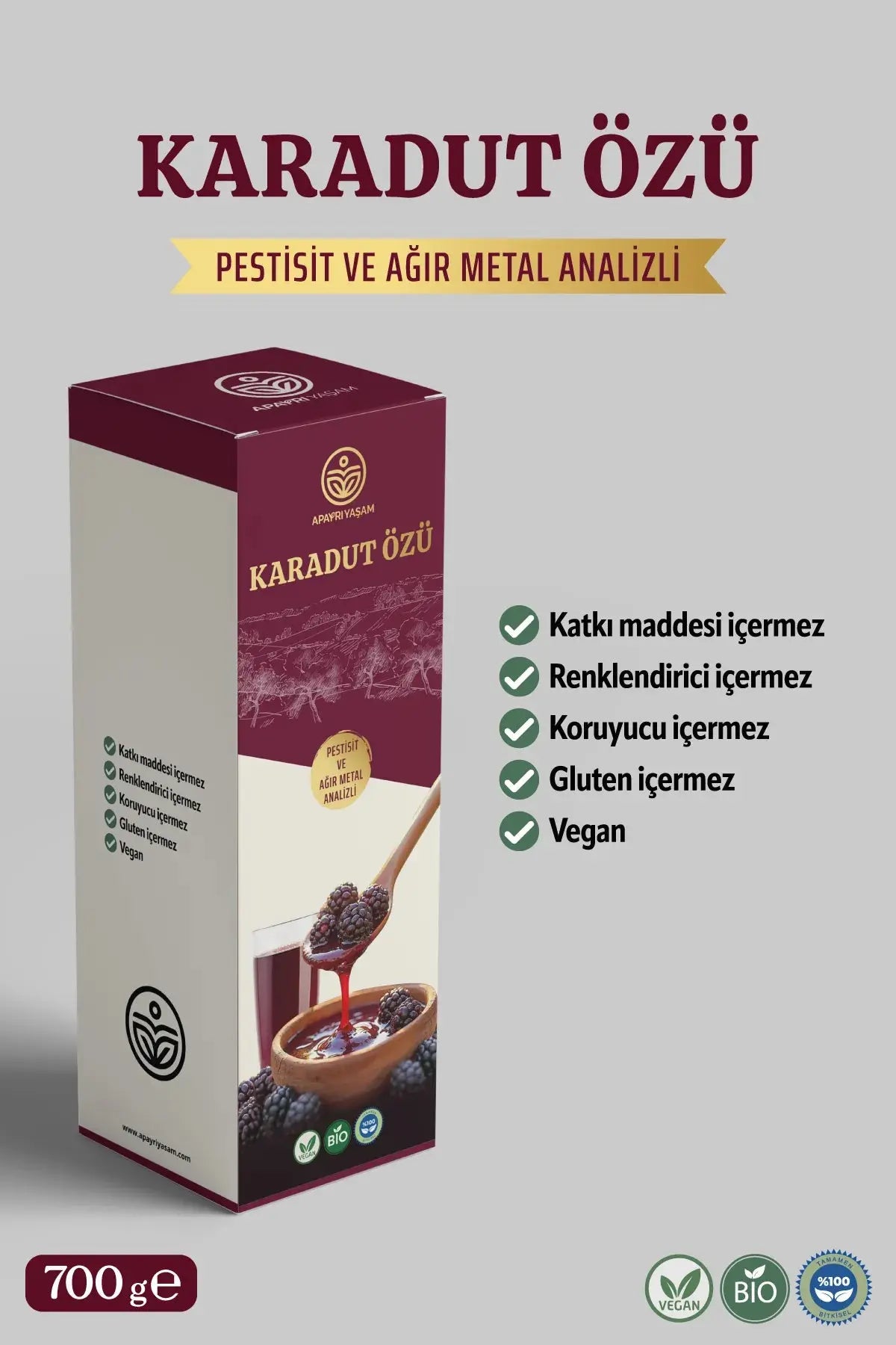 Katkısız %100 Doğal Karadut Özü (PESTİSİT & AĞIR METAL IÇERMEZ ANALİZLİ) 700 gr Apayrı Yaşam
