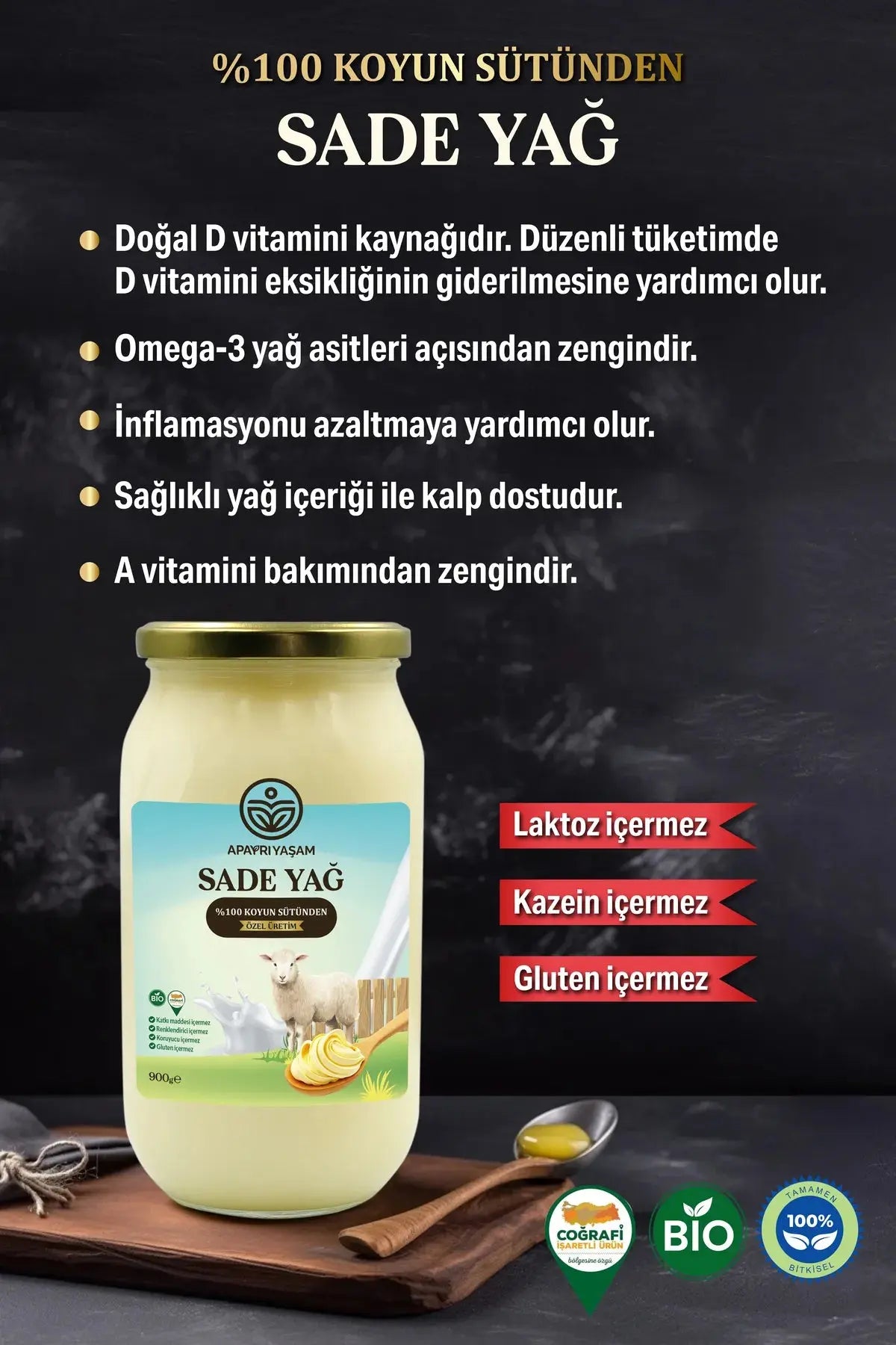 %100 Koyun Sütünden Özel Üretim Sade Yağ Yemeklik (Laktosuz, Kazeinsiz, Ghee) Apayrı Yaşam