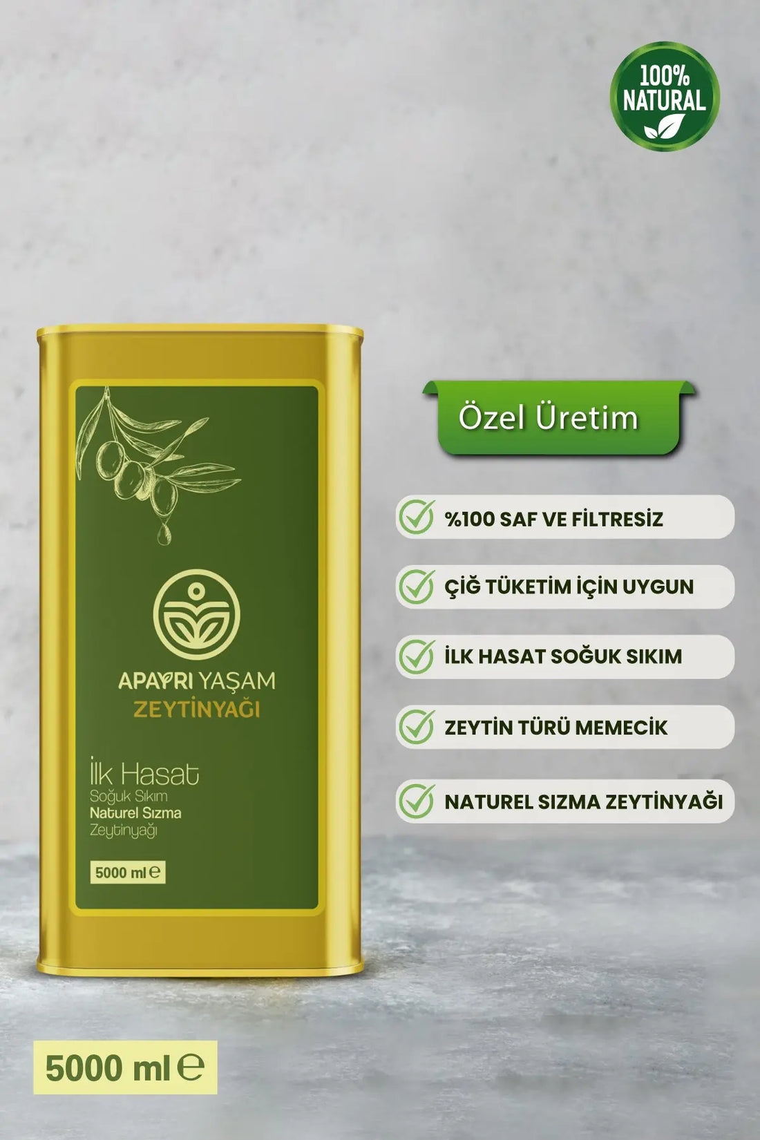 Erken Hasat Organik Bebek Zeytinyağı Natürel Soğuk Sıkım Zeytin Yağı 5000ml Apayrı Yaşam