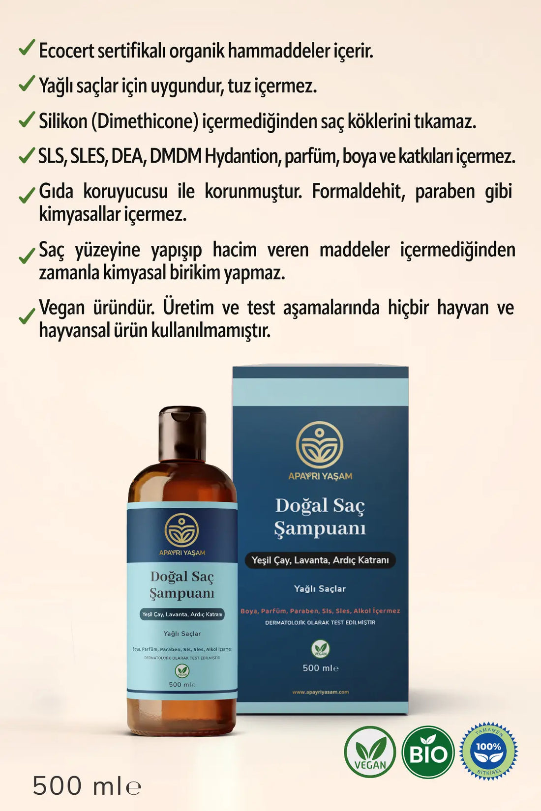 %100 Bitkisel Yağlı Saçlar Için Doğal Saç Şampuanı 500 ml Apayrı Yaşam