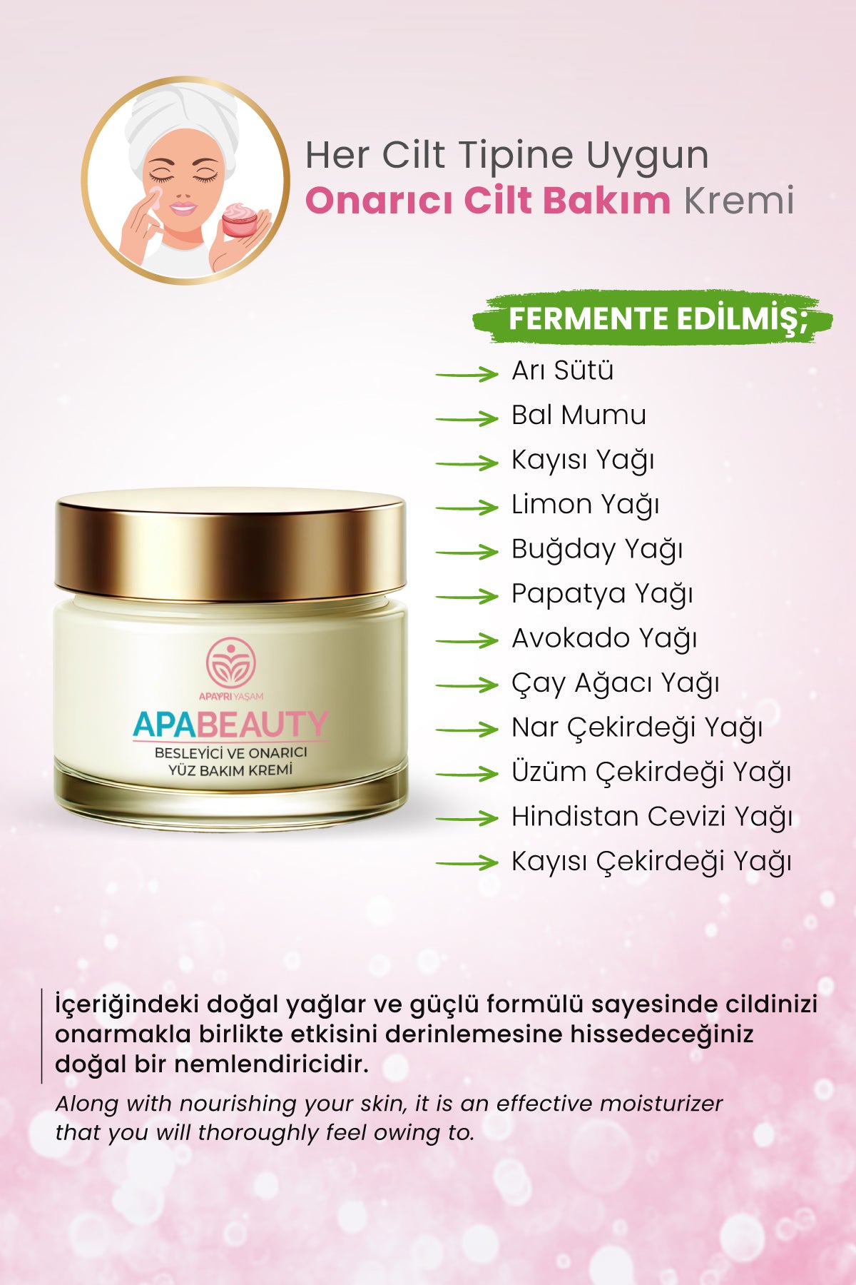 Kırışıklık Onarıcı, Yaşlanma Karşıtı, Nemlendirici Aydınlatıcı Bio Yüz Kremi %100 Bitkisel Apabeauty