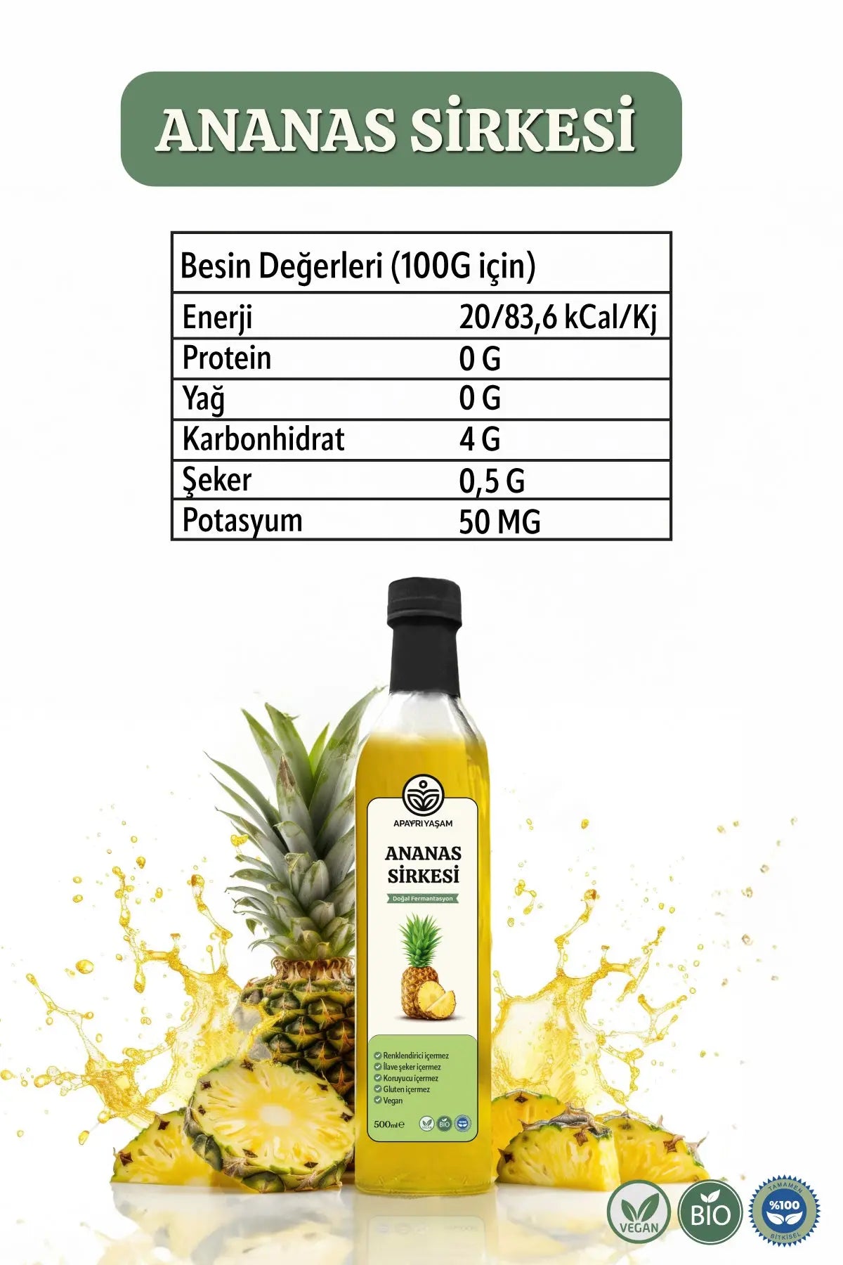 Ananas Sirkesi Doğal Fermantasyon Özel Üretim 500 ml Apayrı Yaşam
